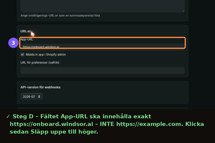 App-URL-fältet korrekt ifyllt