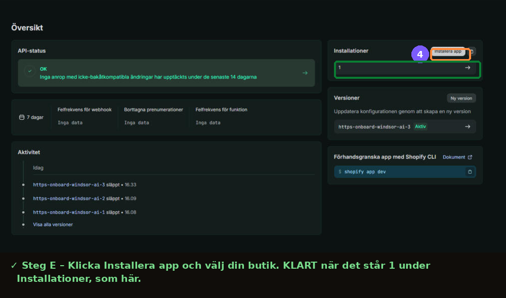 Översikten med Installera app och 1 installation