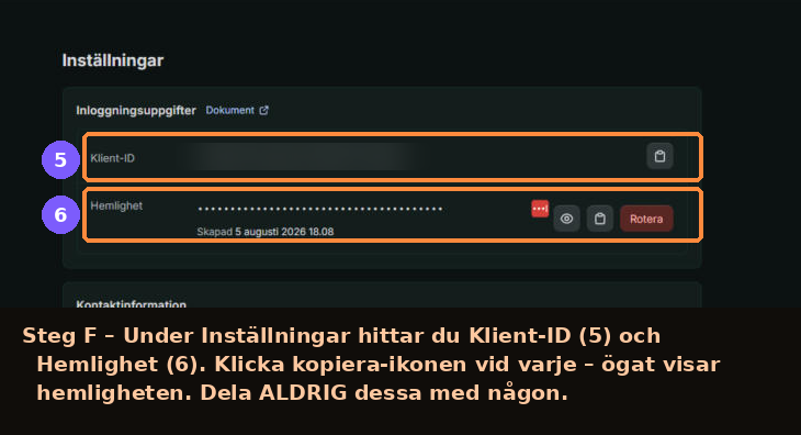 Inställningssidan med Klient-ID och Hemlighet