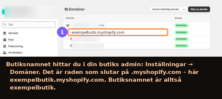 Domäner-sidan i Shopify admin med myshopify-adressen markerad